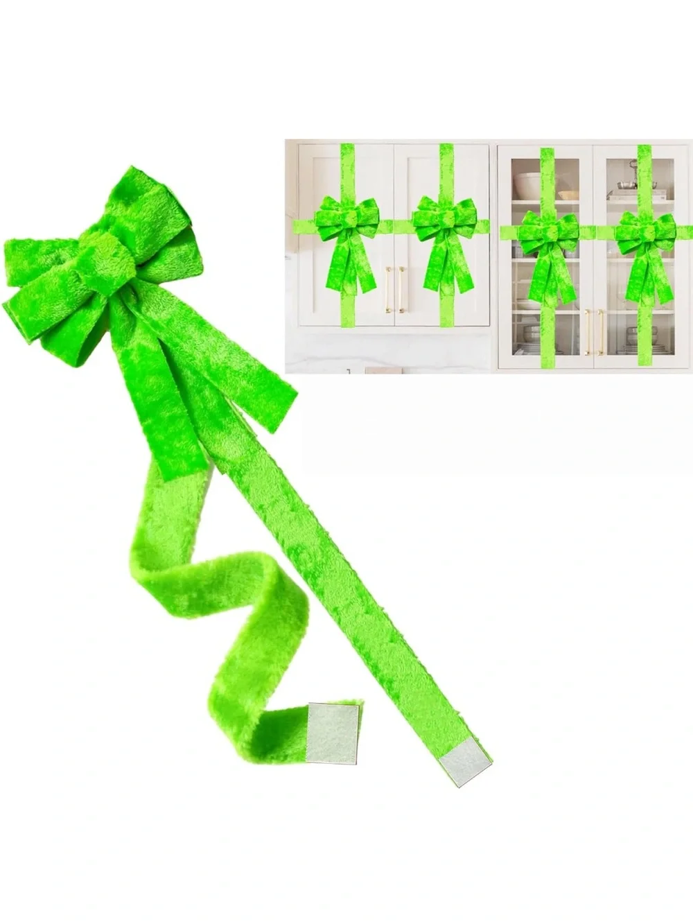 Christmas Cabinet Grinch Bows, Green Furry Ribbons 7 count